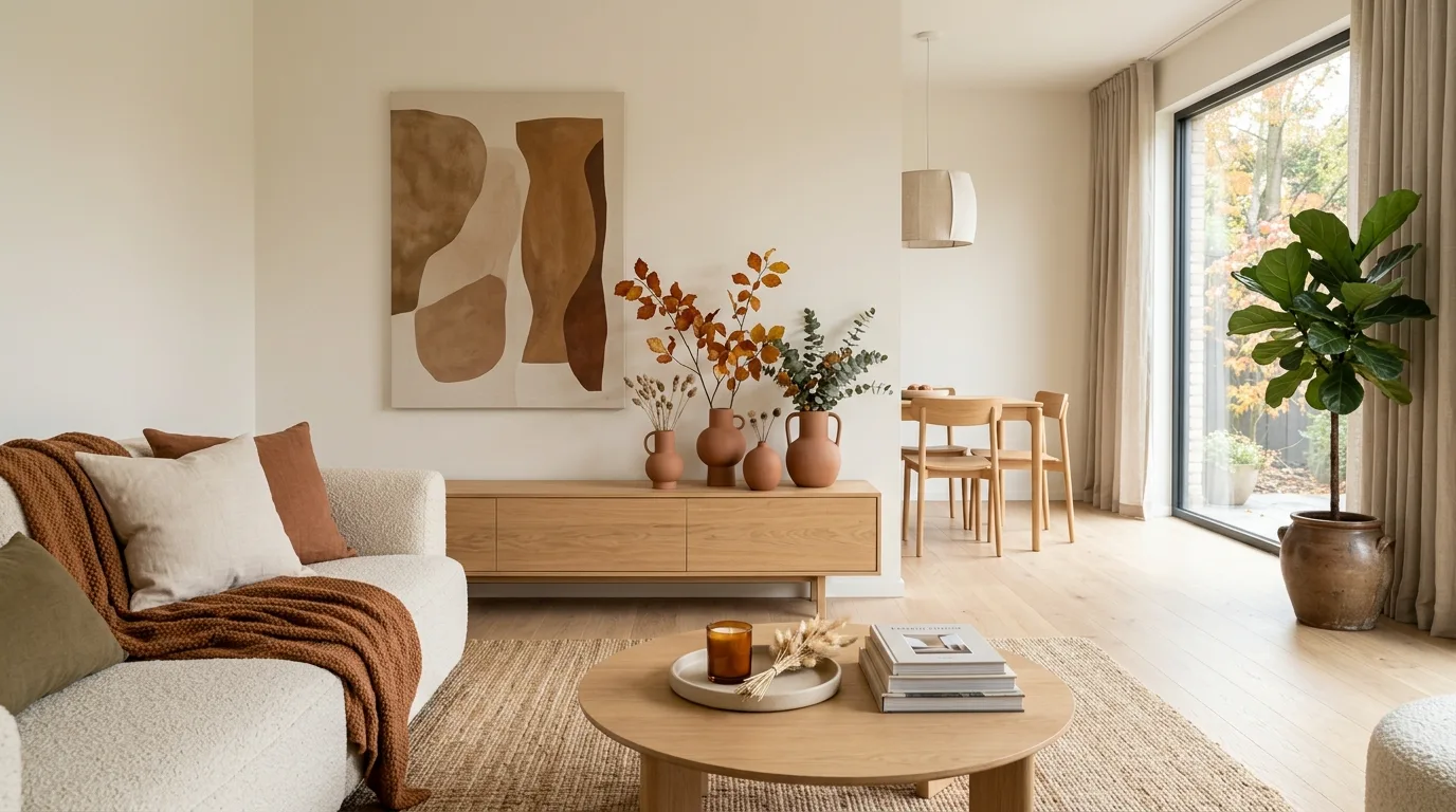 Use wood and woven accents to deepen the autumn feel inspiration for a fall home interior.